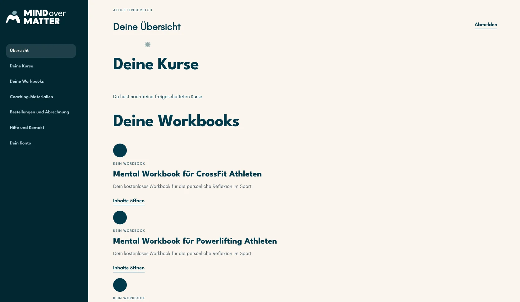Geschützter Athletenbereich von Mind Over Matter Coaching mit Kursen und Workbooks